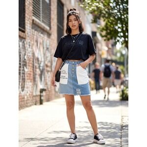 Follow Me Mini Skirt Women Two Tone Distressed Denim Graphic Pocket Button Fly M